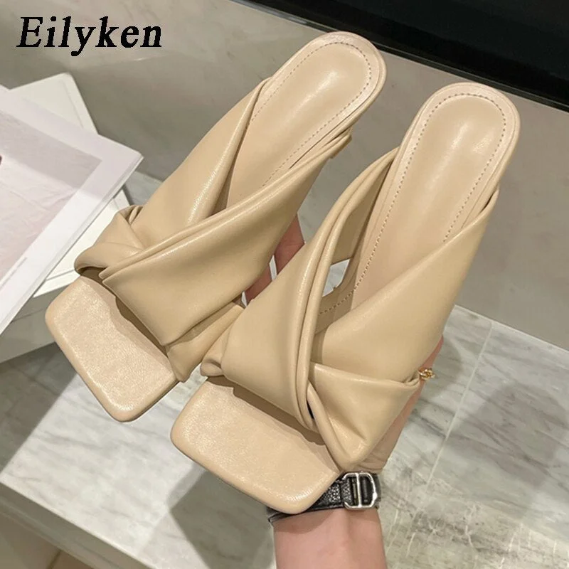  Fashion Brand Pleated Open Toe Slides Ladies Low Heels Beach Slippers Summer Outdoor Sandals Ladies Shoes Size 35-42