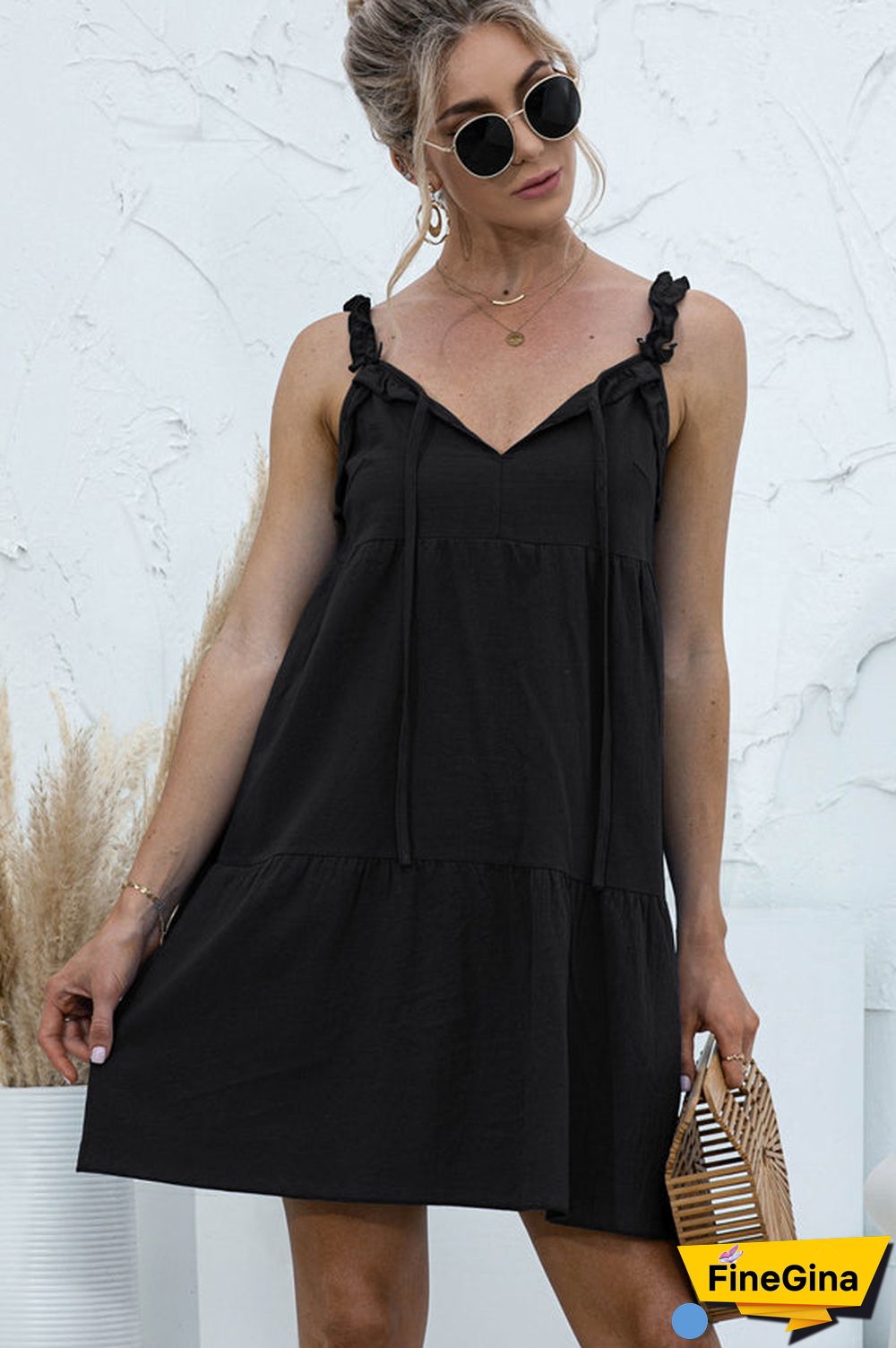 Fashion Solid Color V Neck Casual Mini Dress