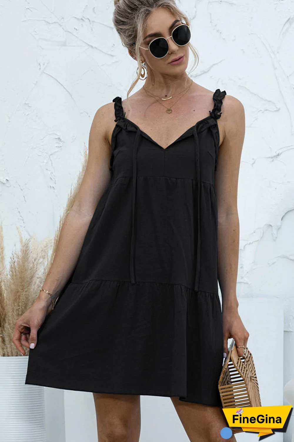 Fashion Solid Color V Neck Casual Mini Dress