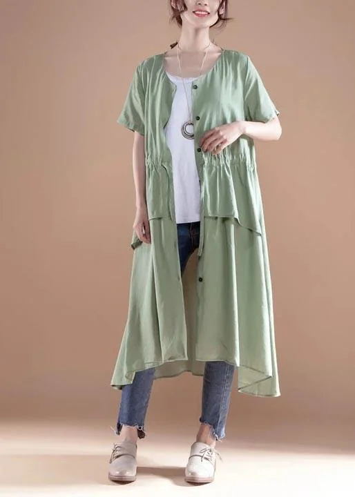 French Cotton Dress V Neck Short Sleeve Casual Green Single Breasted Dress