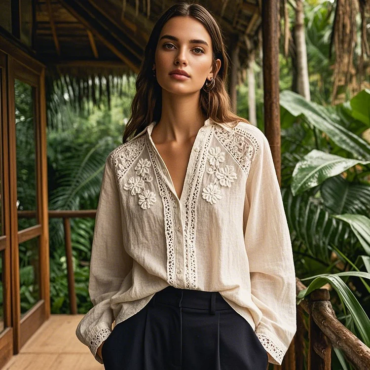 Utbros Women's Lovely Floral Lace Embroidery Art Shirt