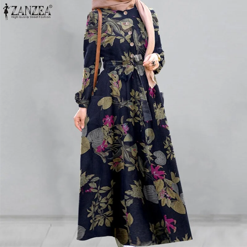 Retro Floral Printed Maxi Dress Women's Autumn Sundress 2022 ZANZEA Muslim Dresses Female Belted Oversized Long Vestido Robe