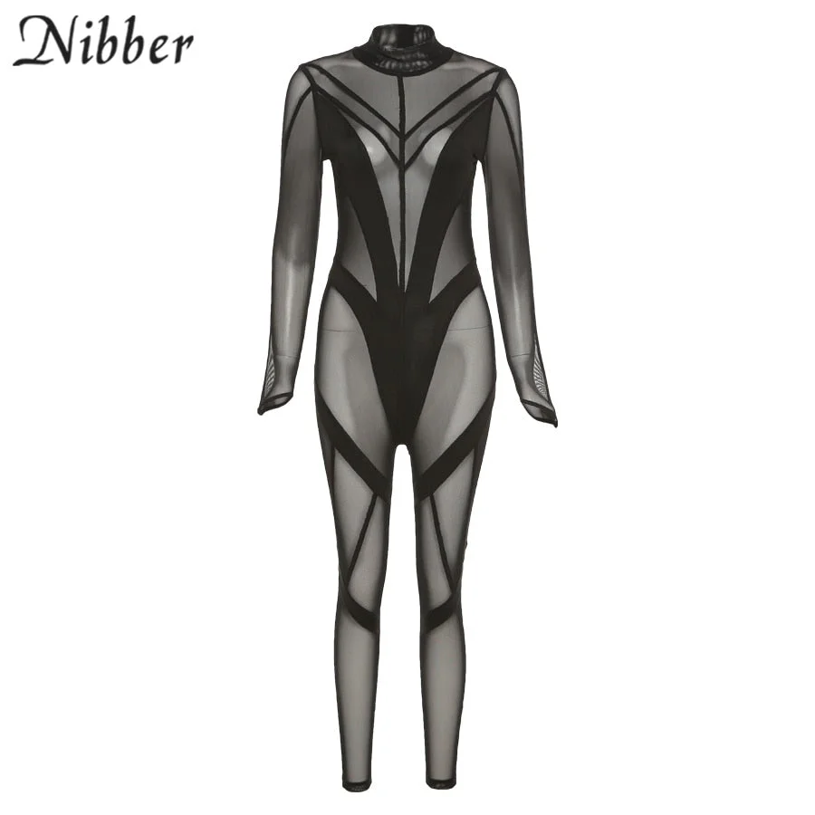 Nibber Women‘s Fashion Sexy Mesh Patchwork See Through Black Jumpsuit Autumn New Long Sleeve Turtleneck Skinny Romper 2021