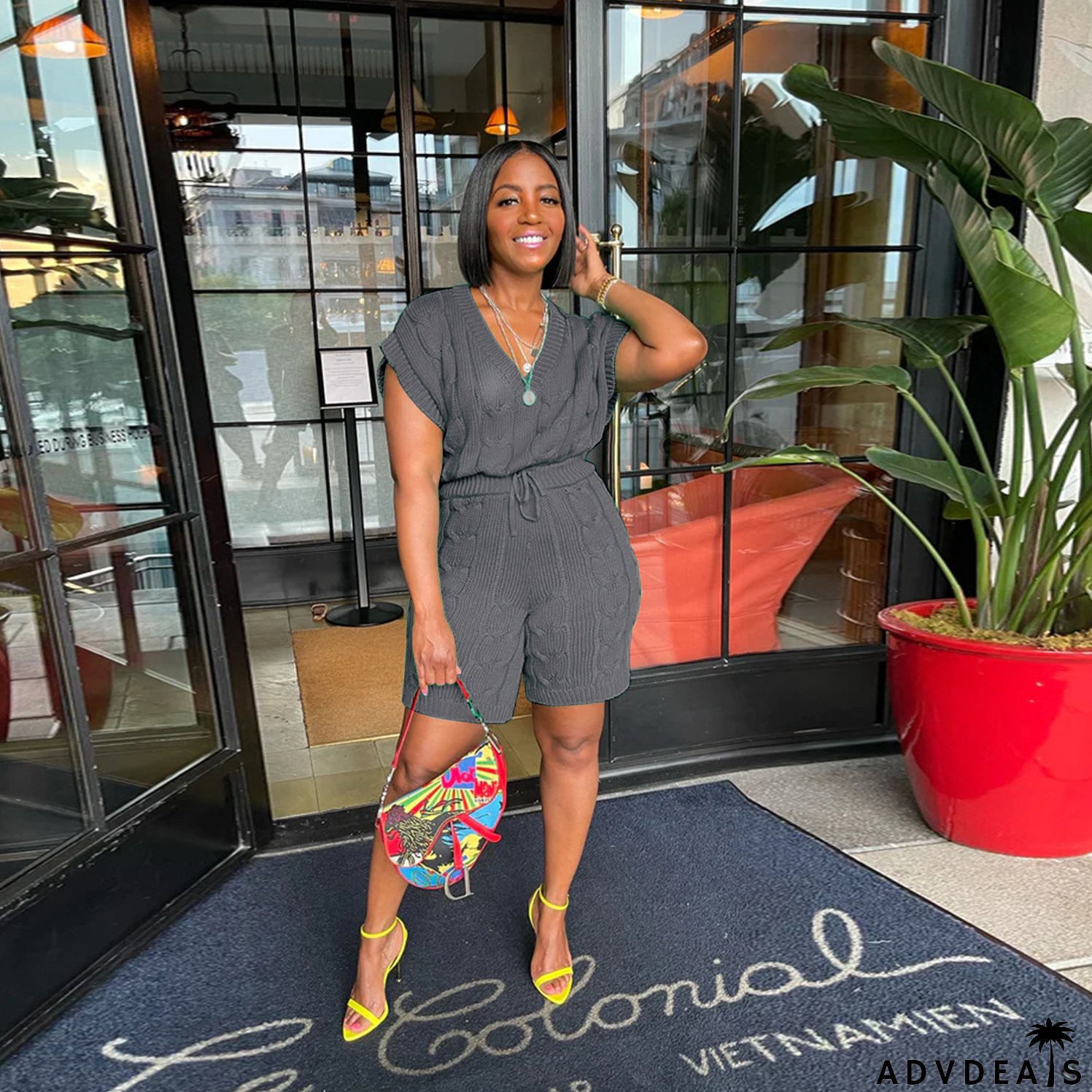 Sexy Solid Deep V Neck Sleeveless Loose Sweater Slim Shorts Two Piece Set