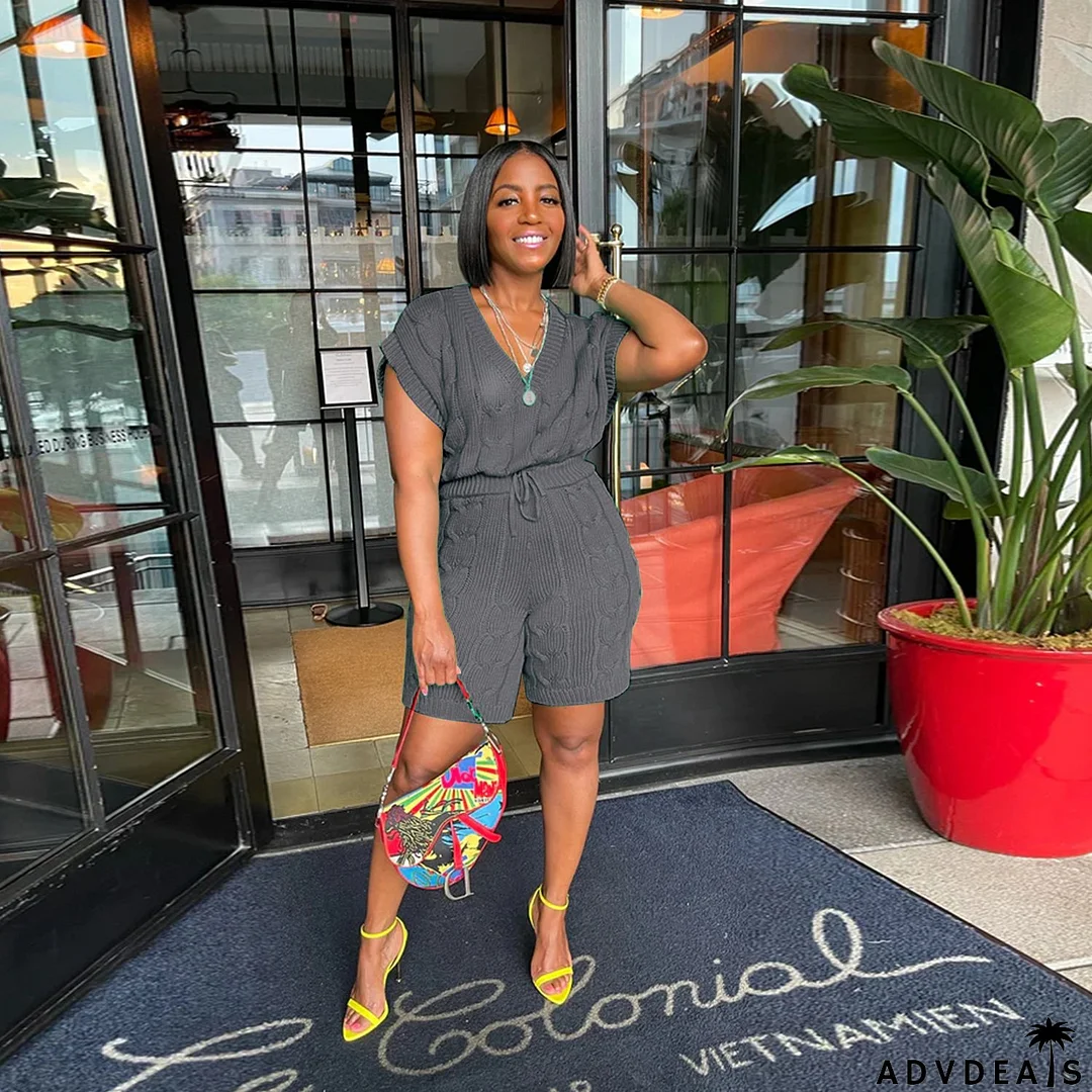 Sexy Solid Deep V Neck Sleeveless Loose Sweater Slim Shorts Two Piece Set