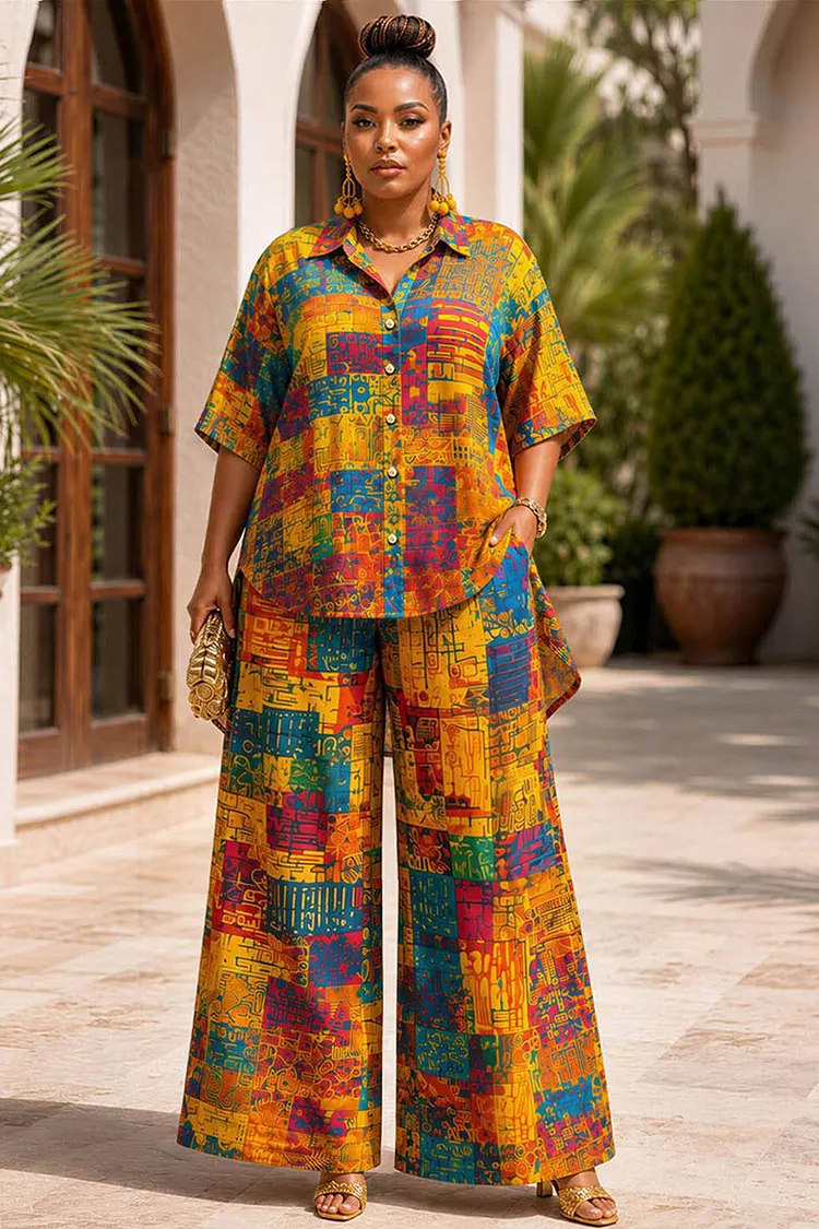 Xpluswear Design Plus Size Vacation Casual Yellow Graphic Shirt Collar Short Sleeve Pocket Asymmetric Hem Two Piece Pant Sets [Pre-Order] 2024 - Xpluswear