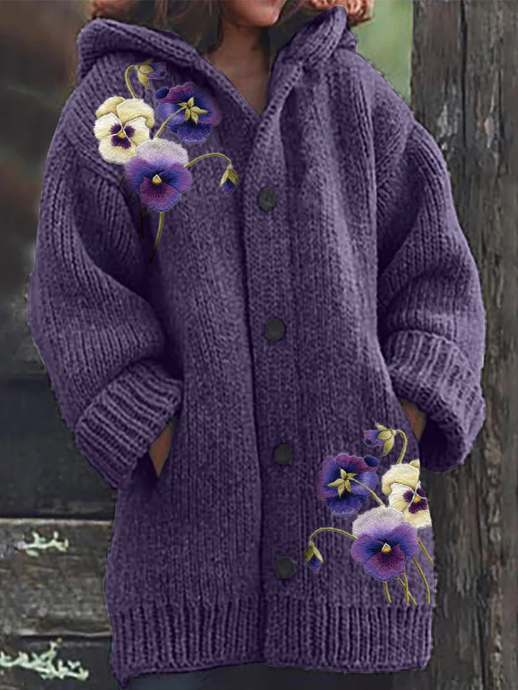 VChics Pansy Flowers Embroidery Cozy Knit Hooded Cardigan