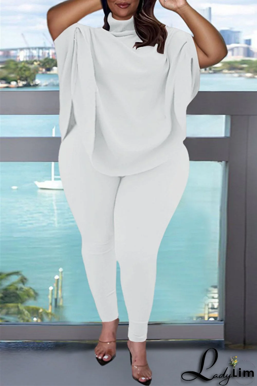 Pink Fashion Casual Solid Basic Turtleneck Short Sleeve Two Pieces