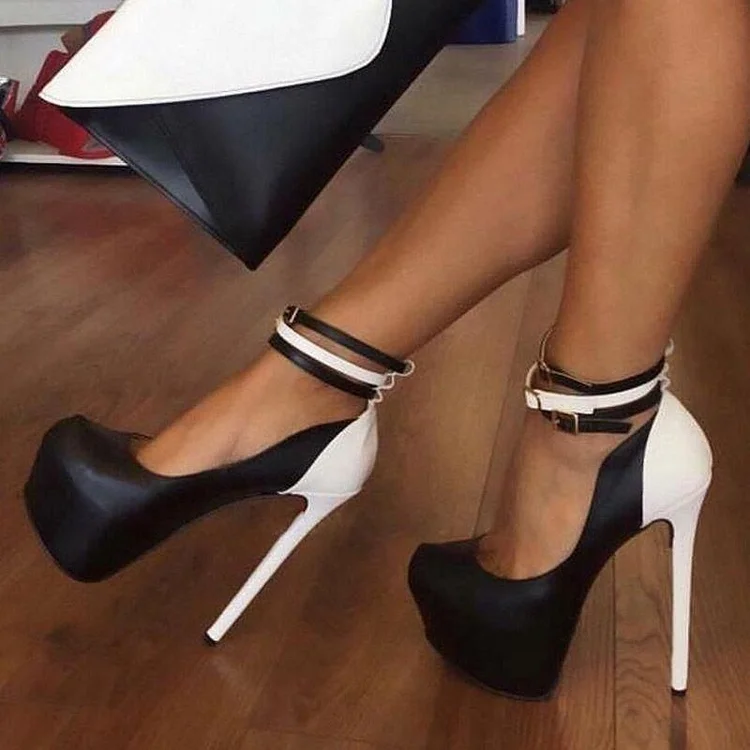 Black and White Platform Stiletto Heels Buckles Ankle Strap Pumps |FSJ Shoes