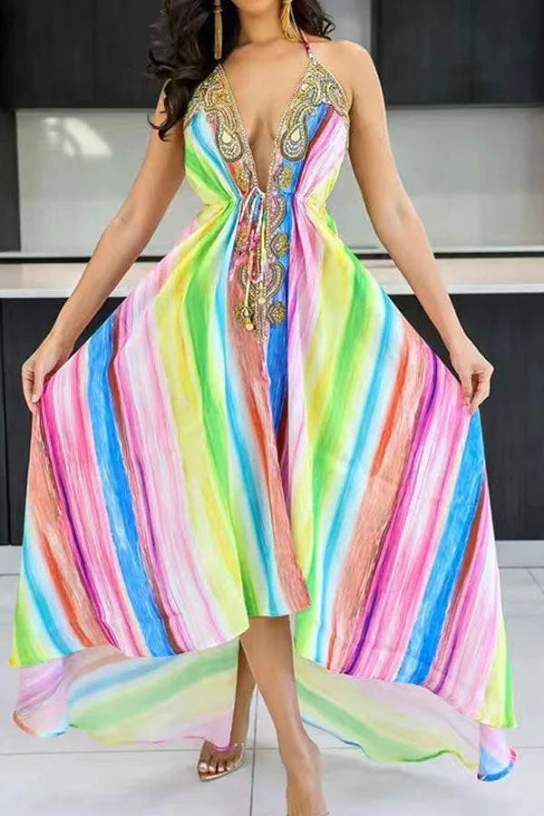 Paisley Patchwork Stunning Backless Rainbow Midi Dress