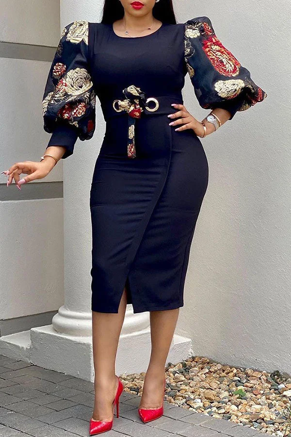 Floral Print Patchwork Classic Lace-Up Irregular Split Midi Dress