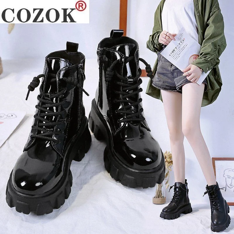 Round Toe Med Heel Boots Women Shoes Autumn Boots-women Booties Ladies Lace Up Luxury Designer Lolita Black 2021 Rubber Flat