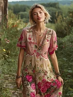 Vintage Boho Ethnic Floral Women's Linen V-neck Short Sleeve Maxi Dress