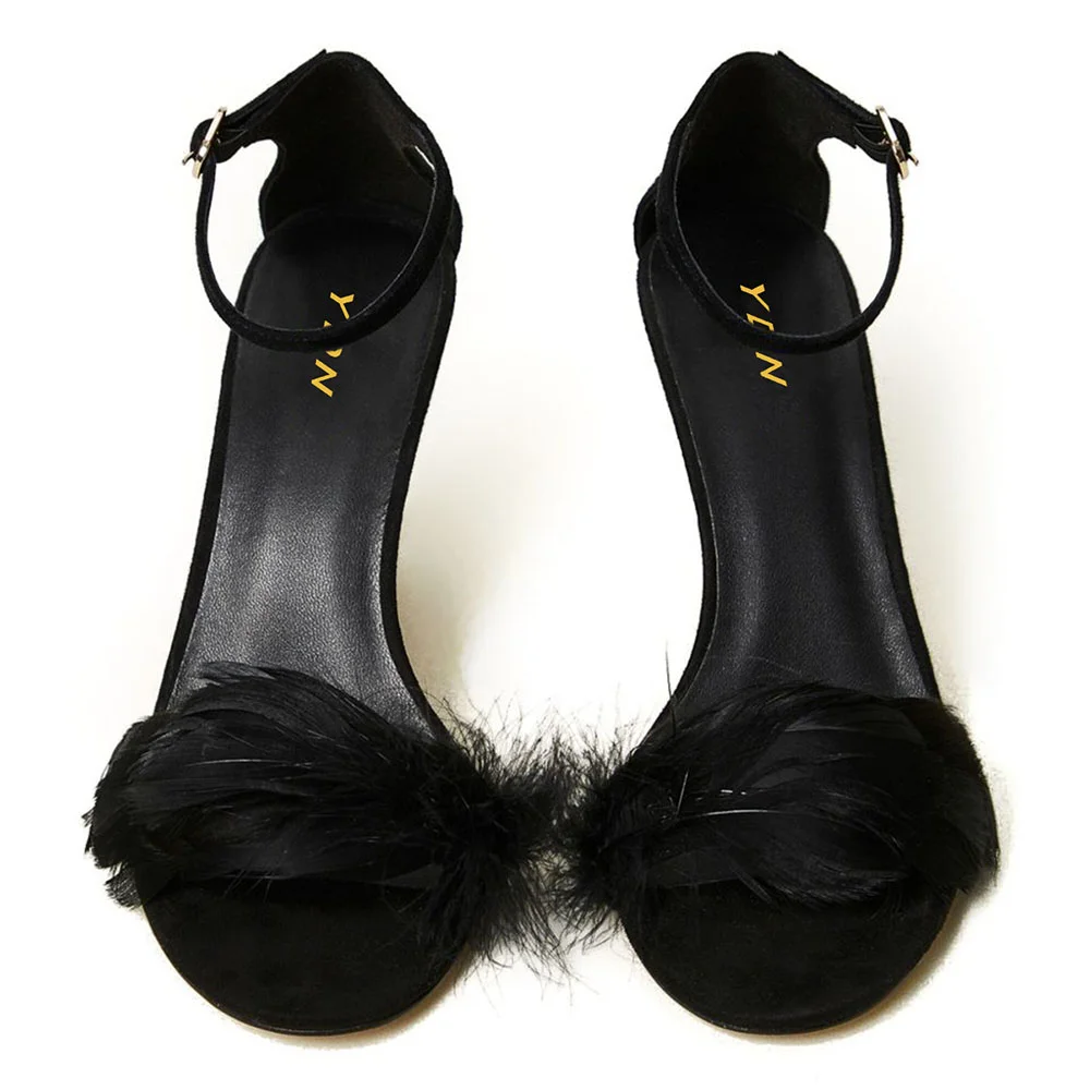 Elegant Feathers Buckle Ankle Strap Round Toe Black Heels Sandals 