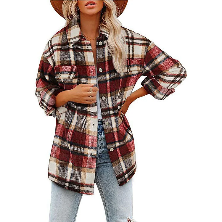 Long Sleeve Loose Plaid Shirt Woolen Lapel Jacket