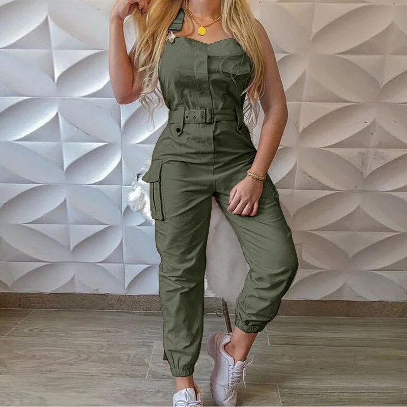 Casual Strap Jumpsuit Women Loose Long Rompers Pockets Summer Cargo Pants Khaki Pink Female Jumpsuits Casual Work Out Playsuits