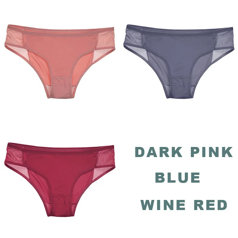 3PCS/Set Side Mesh Sexy Panties Perspective Underwear Women Briefs Female Underpants Solid Color Intimates Lingerie Lace Panties