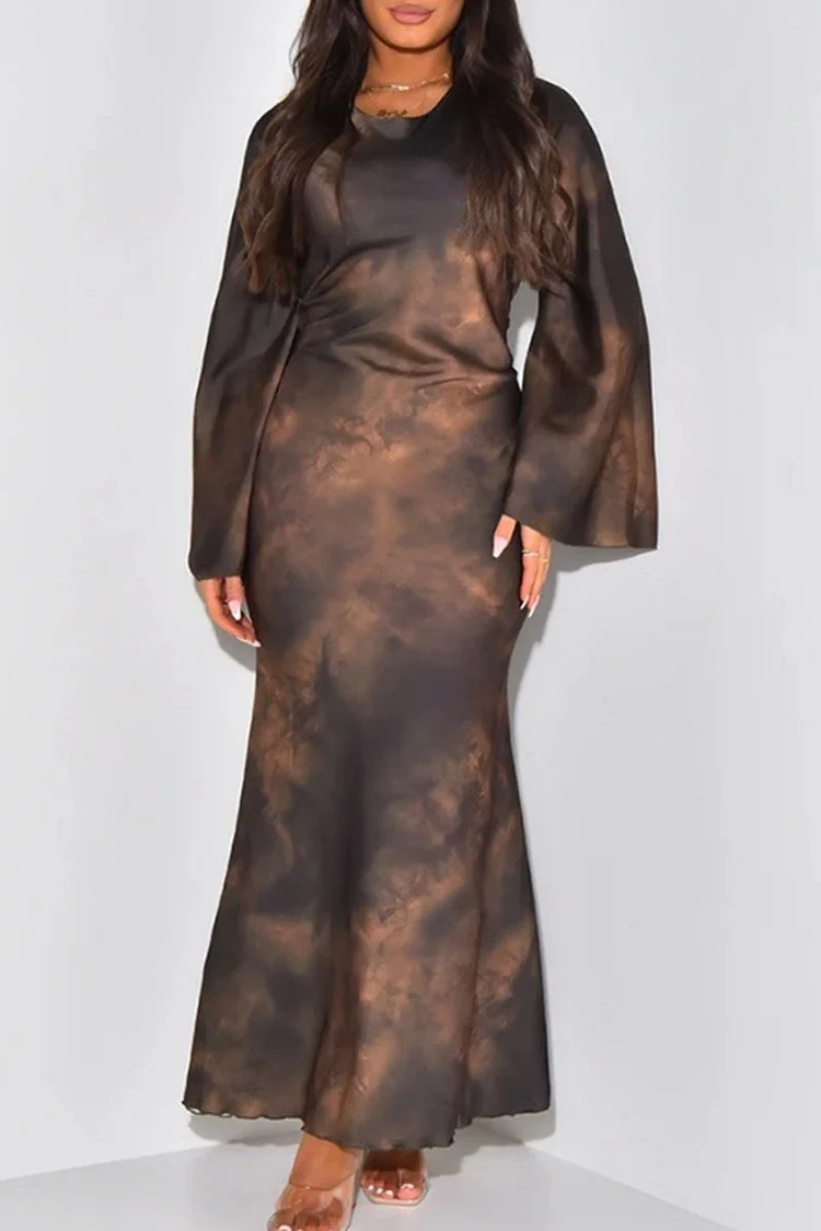 Bell Sleeve Round Neck Lace Up Abstract Print Elegant Maxi Dresses