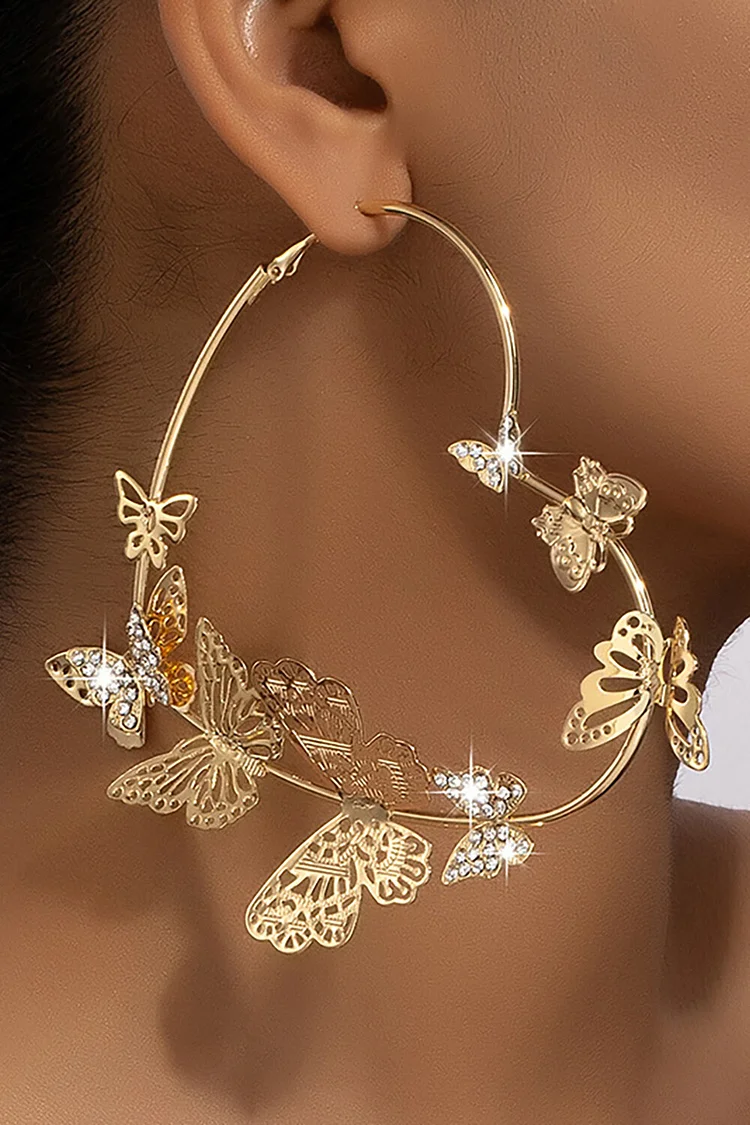 Butterflies Rhinestone Decor Heart-Shaped Hoop Earrings