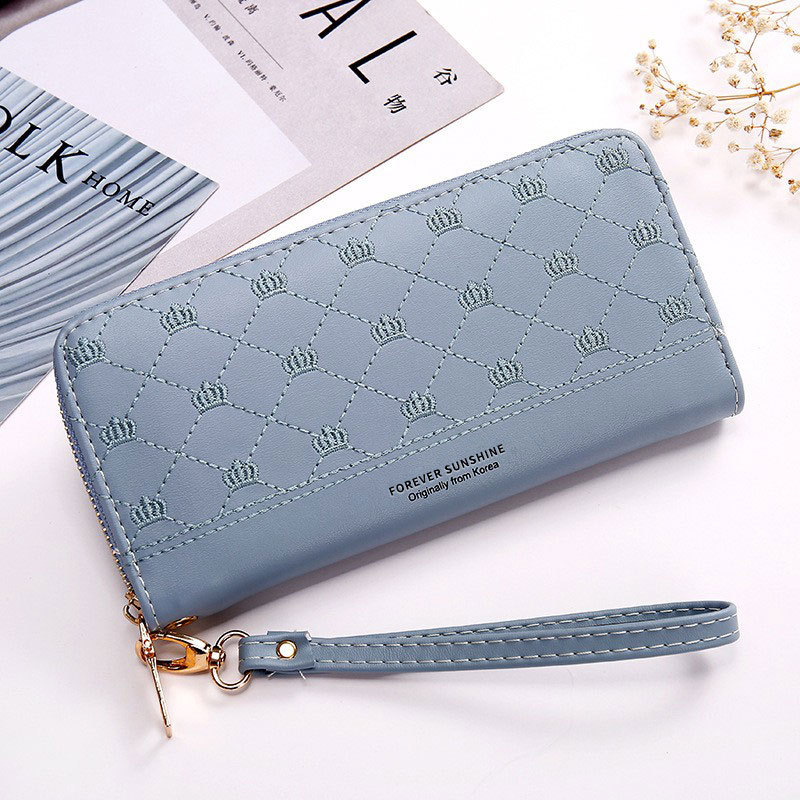 Mature Ladies Long Crown Embroidery Thread Single Zip Clutch Wallet