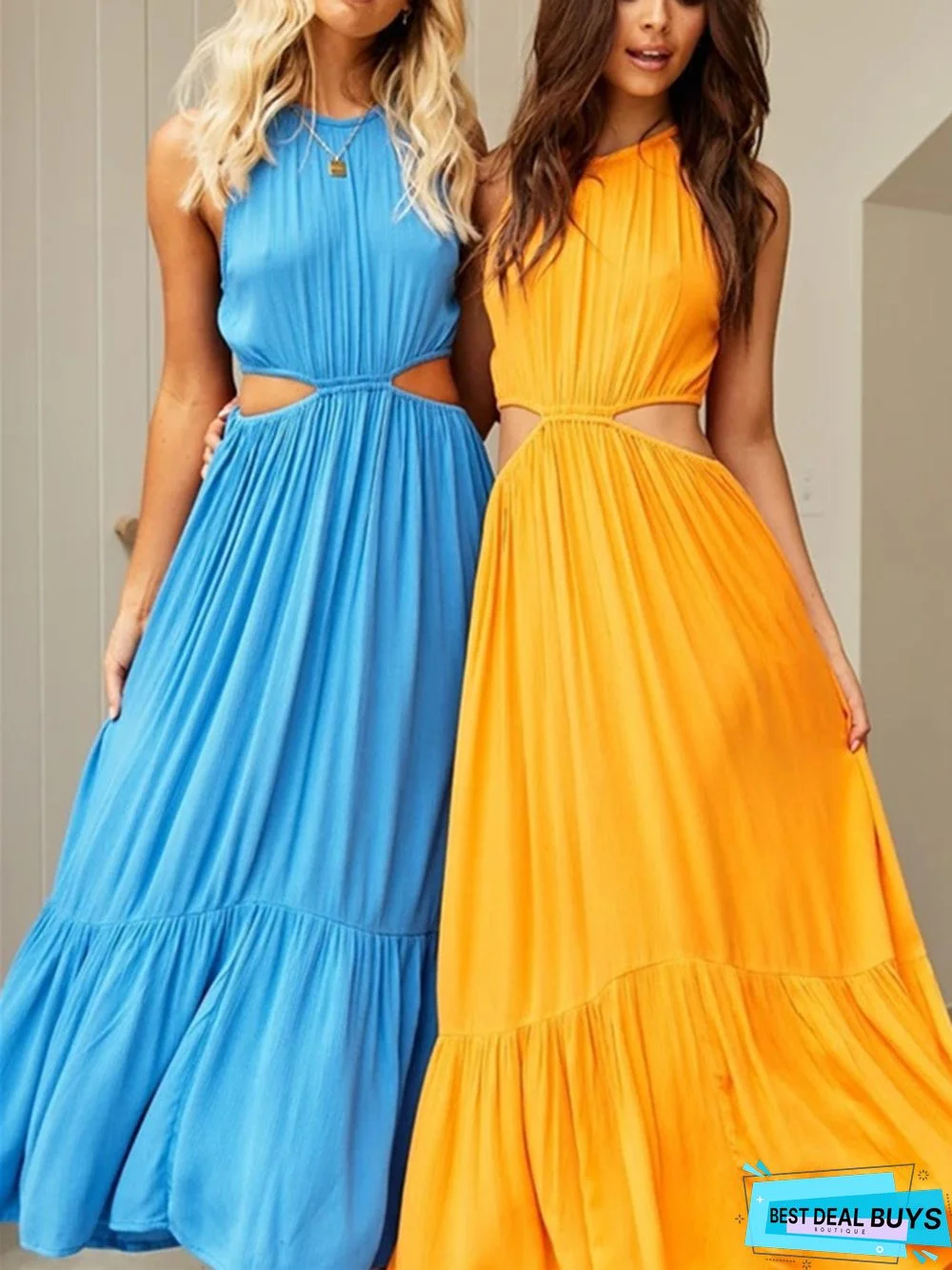 Small Fresh Temperament Hanging Neck Fashion Solid Color Sexy Waist Dress