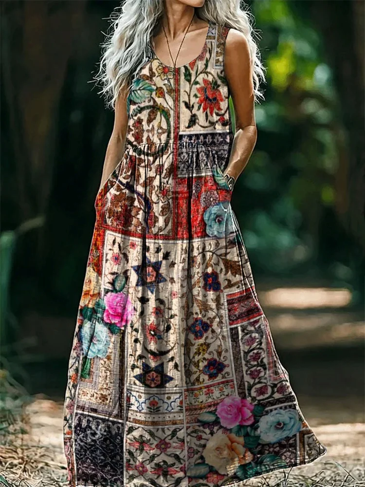 Women's Hippie Art Floral Print Tank Dress