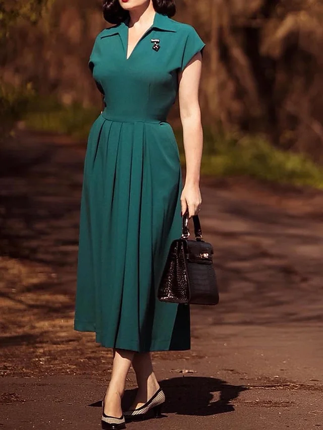 Women's Elegant Retro Semi Formal Dress Midi Dress Outdoor Office Ruched Plain Lapel Short Sleeve Regular Fit Spring Summer 2023 Dark Green S M L XL | IFYHOME