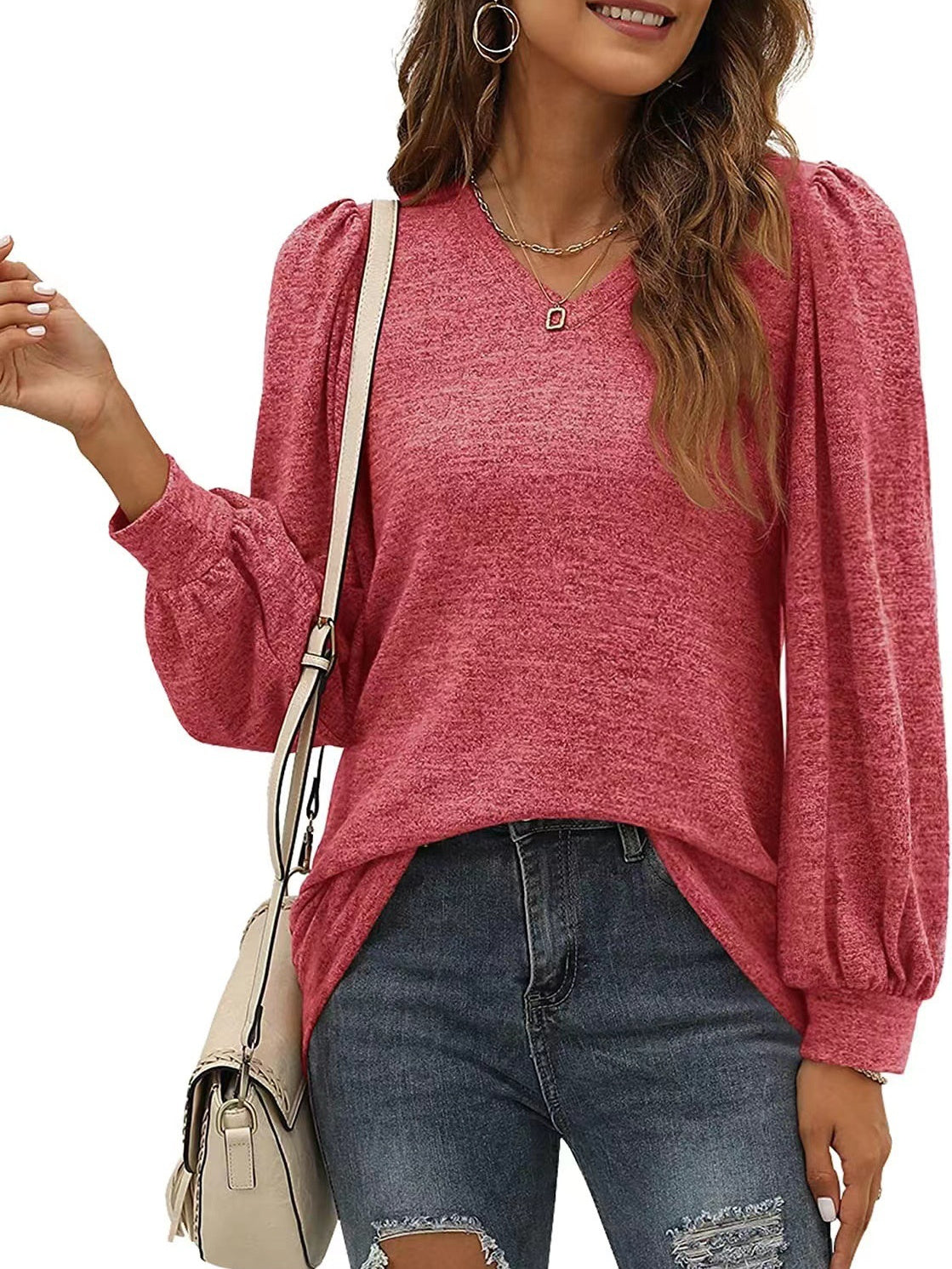 Women's Buttons Stitching Solid Color Long Sleeve V-neck Top