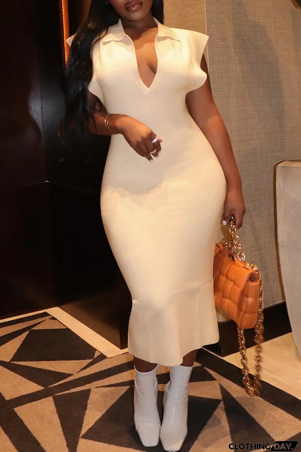 Pink Fashion Casual Solid Basic Turndown Collar Sleeveless Dress