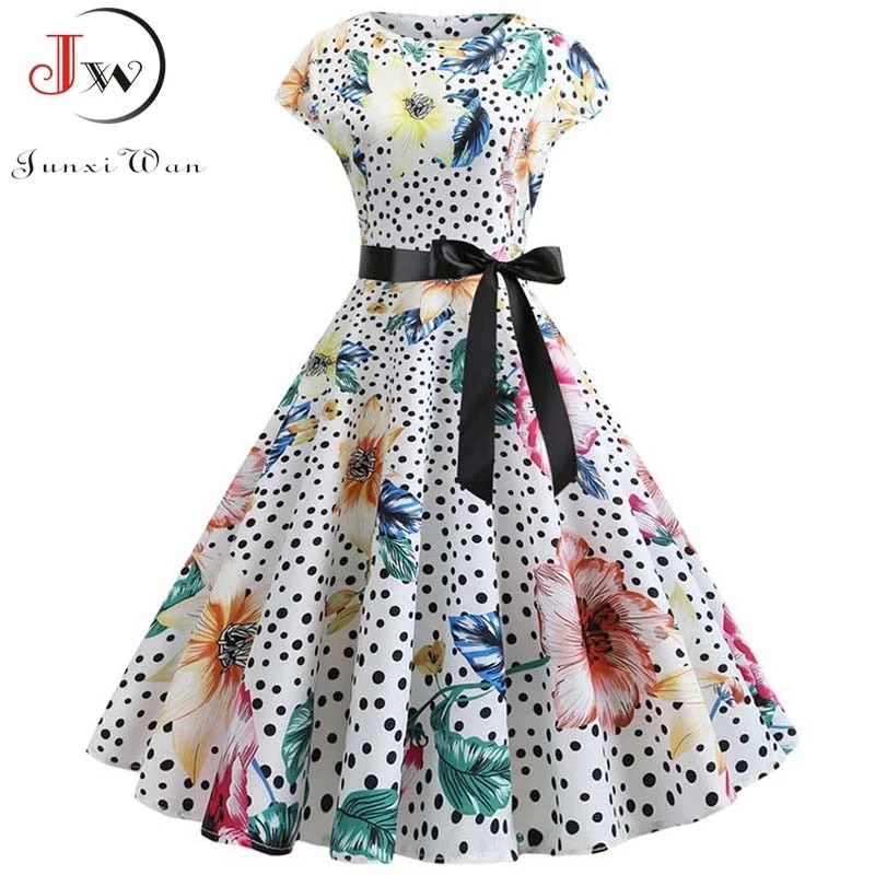 Short Sleeve Polka Dot Summer Dress Women White Elegant A-line Midi Party Dress Vestidos 50s 60s Rockabilly Vintage Dress