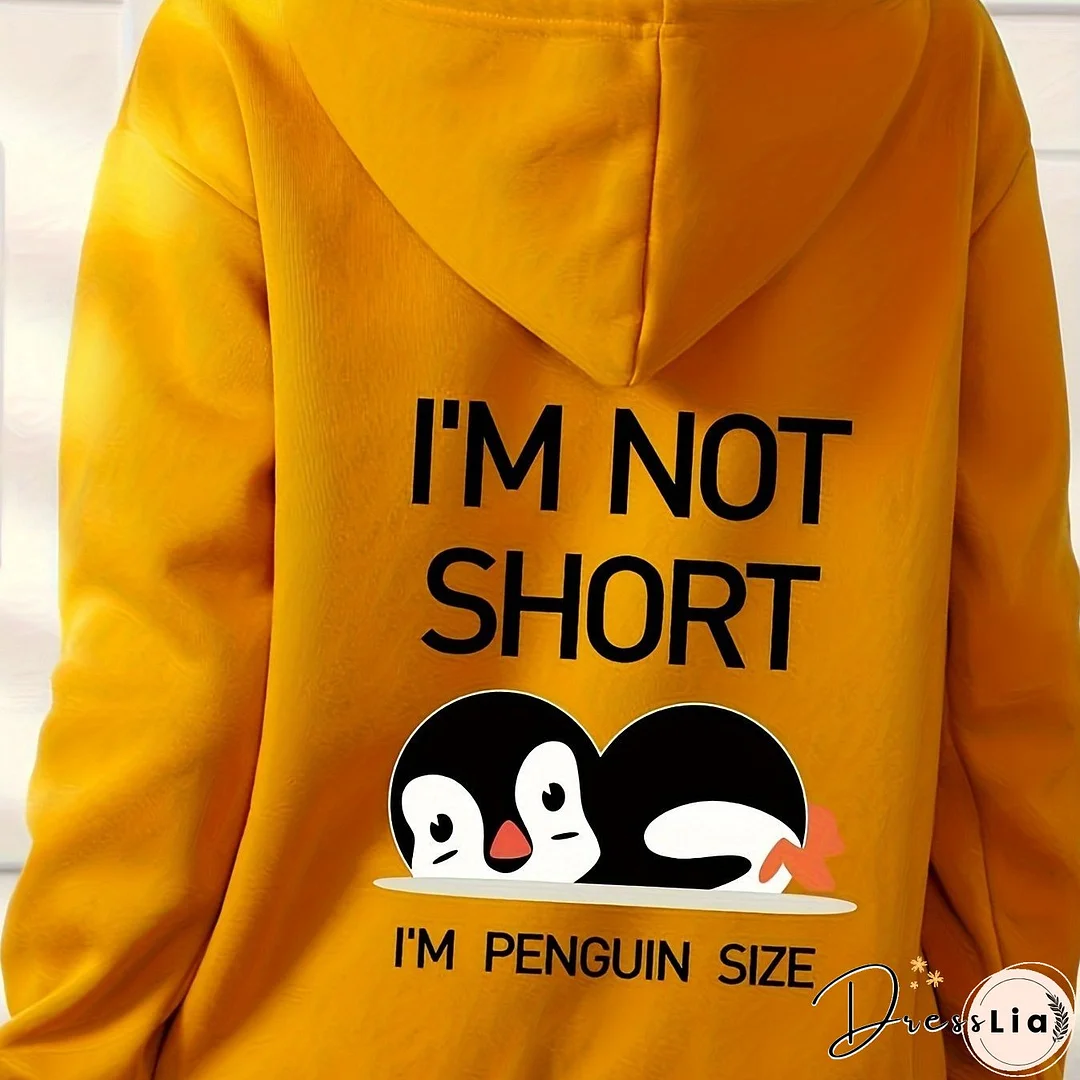 Penguin Graphic Casual Sports Hooded Sweatshirts, Animal Print Drawstring Hoodies With Front Pocket, Women's Sporty Sweatshirts