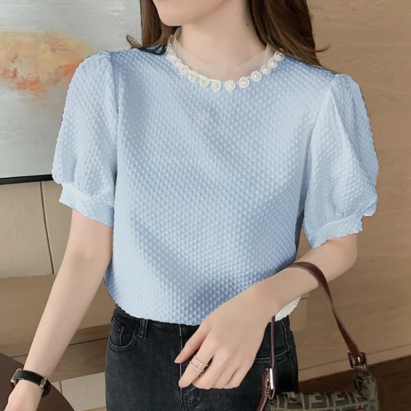 Casual Summer Korean Women Blouse 2021 Short Sleeve Tops Loose O Neck Women Shirts Cotton Female Clothing Chemise Femme 14031
