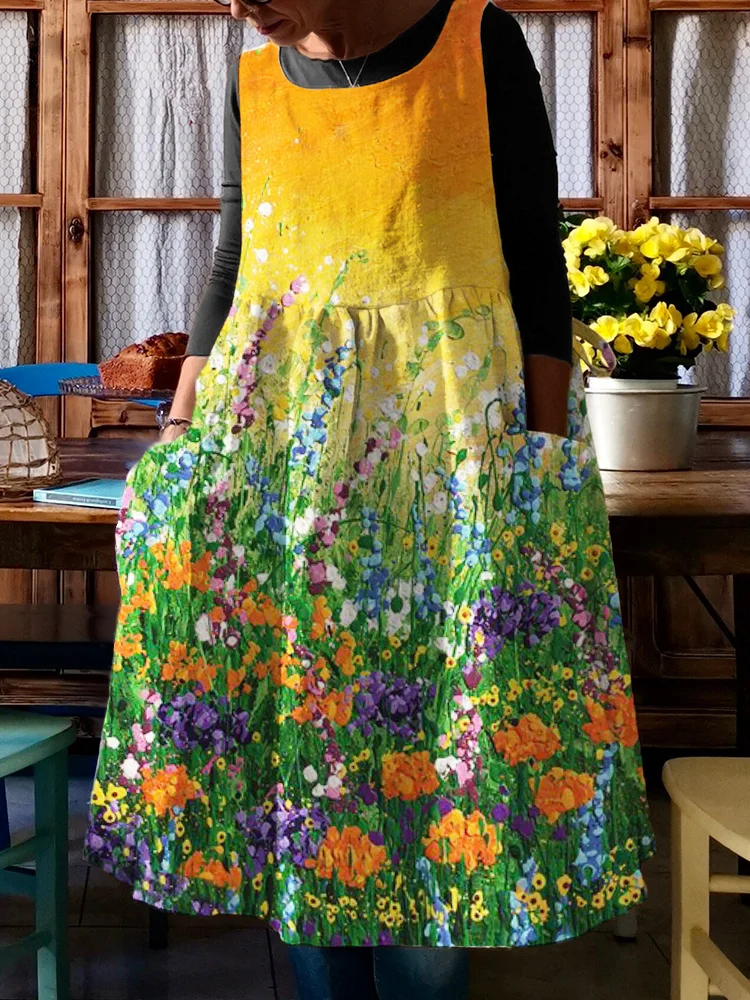 Flowers Oil Painting Pleated Pinafore Midi Dress