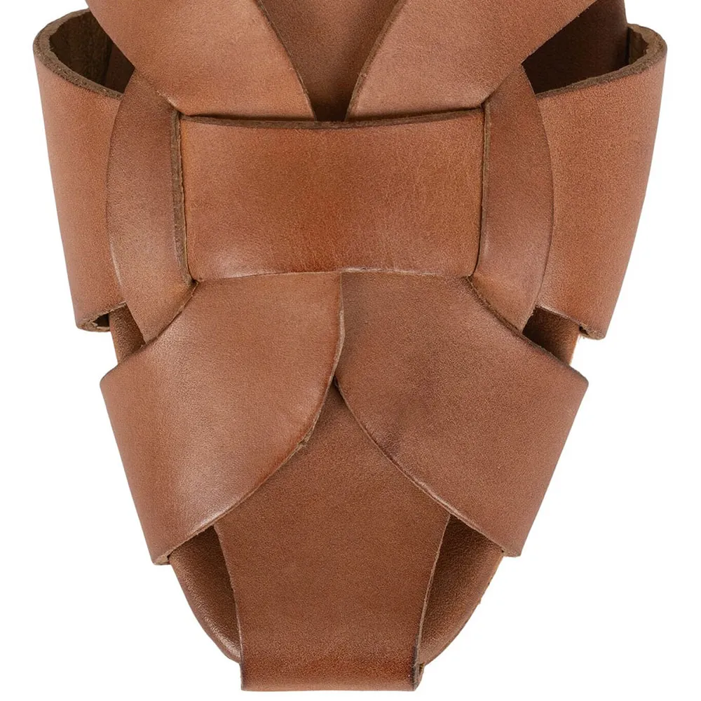 Brown Vegan Leather Woven Detail Round Toe Flat Women's Sandals