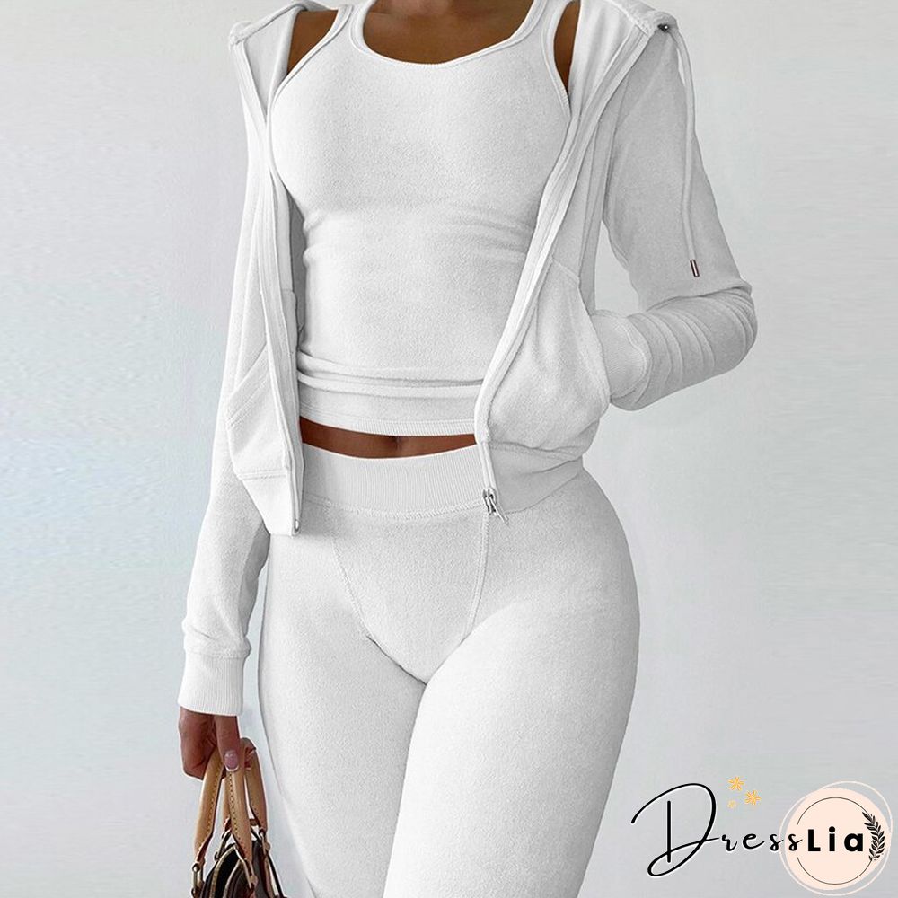 Casual Ladies Sport Suit Fashion Sleeveless O-Neck Tank Top + Long Sleeve Zip Hooded Coat + Pencil Pants Set Slim 3 Piece Sets