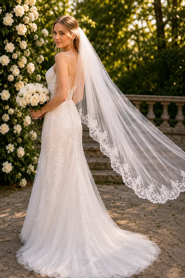 1.5M Long Lace Wedding Veil &ndash; Elegant Floral Lace Edge Tulle Bridal Veil for Wedding Ceremony