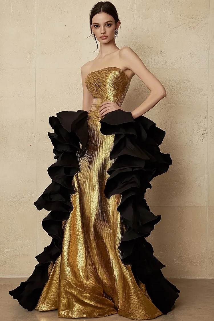 Metallic Strapless Layered Ruffle Maxi Dress-Gold [Custom-Made]