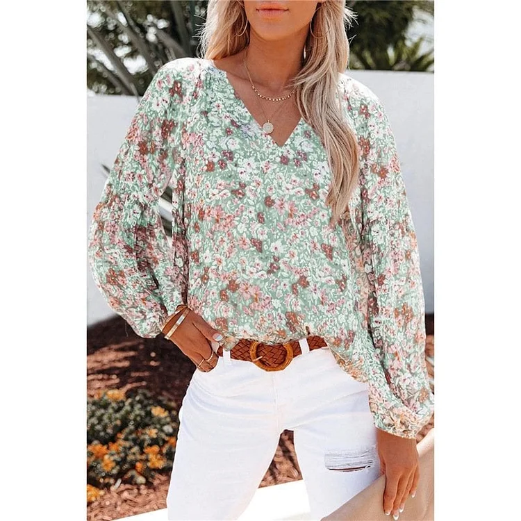 Floral print V-neck long-sleeved loose shirt