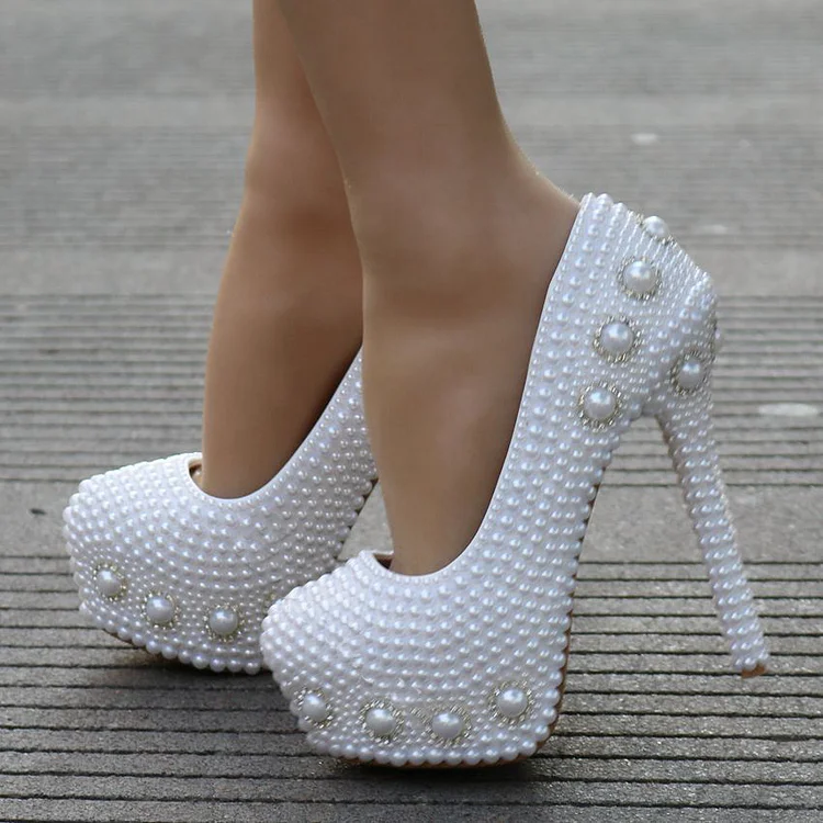 White Pearl Stiletto Pumps Women's Elegant Platform Shoe Evening Heels |FSJ Shoes