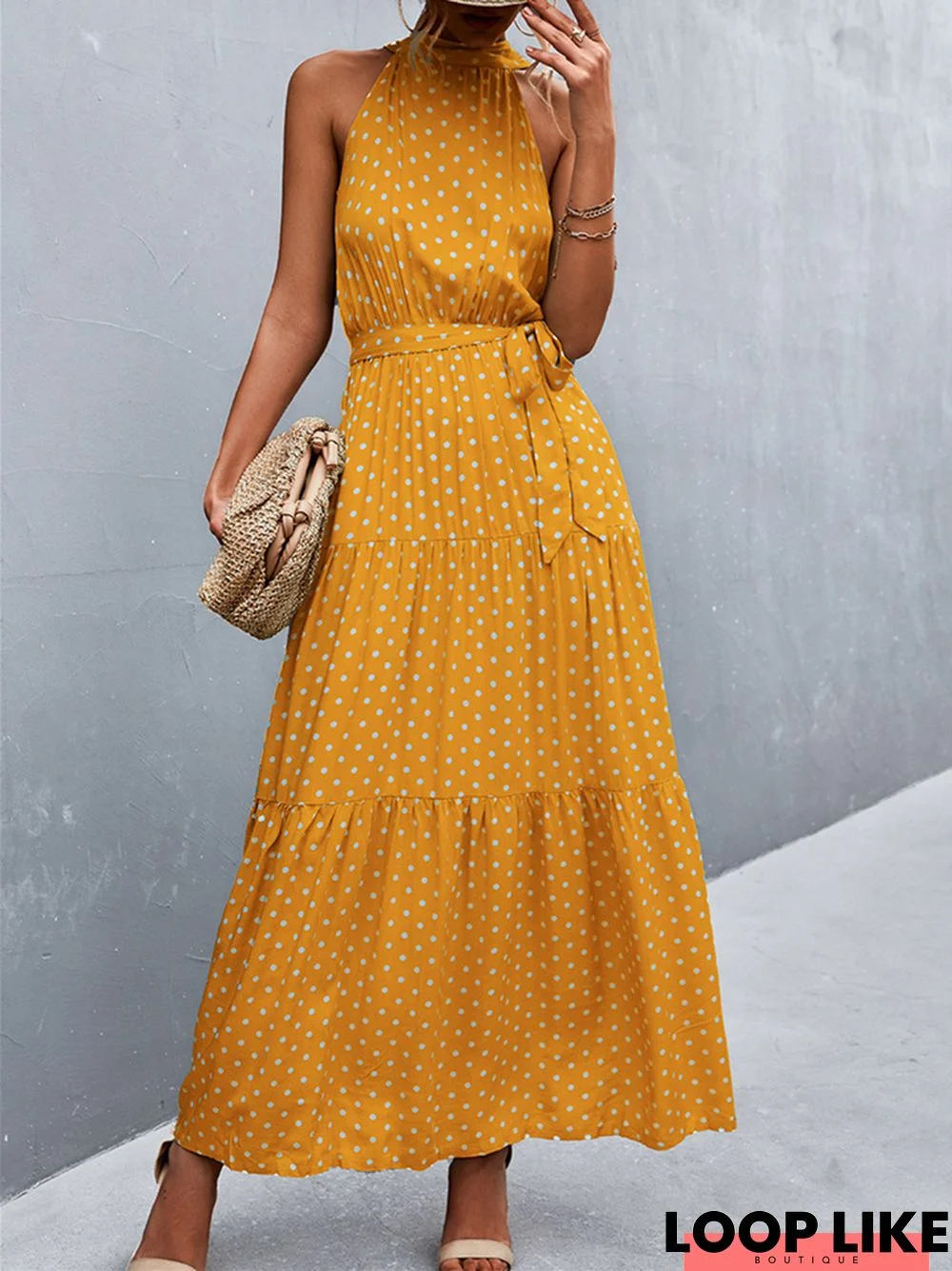 New Hot Selling Wave Dot Print Neck Strap Jumpsuit Dress