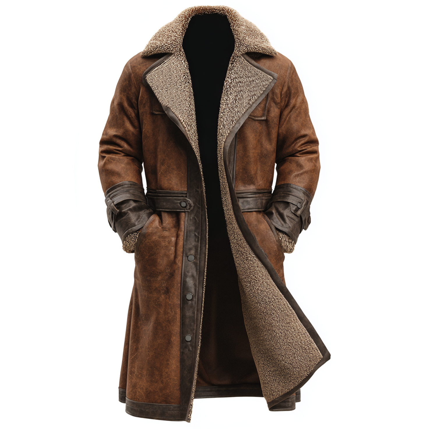 Vintage Brown Shearling Coat with Leather Trim