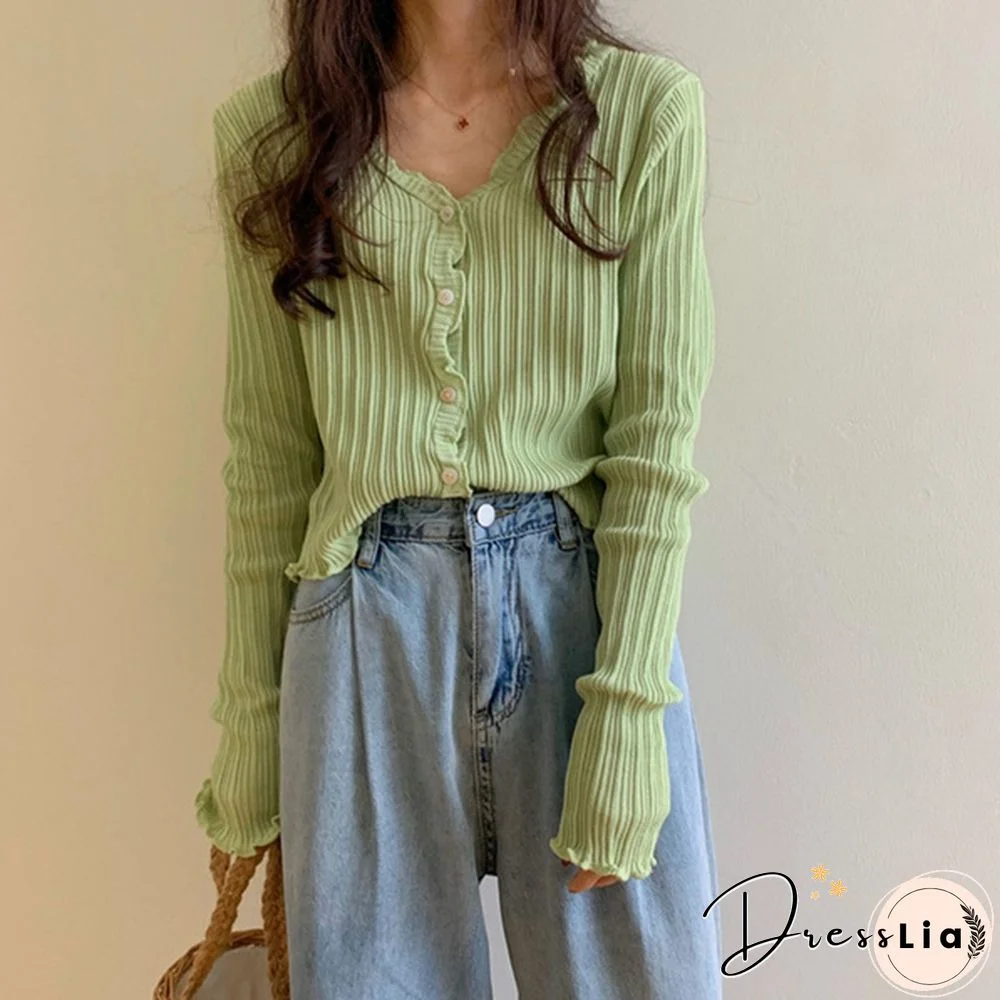 Women's V-neck Long-sleeved Thin Cardigan Short Loose Lazy Top Spring and Autumn