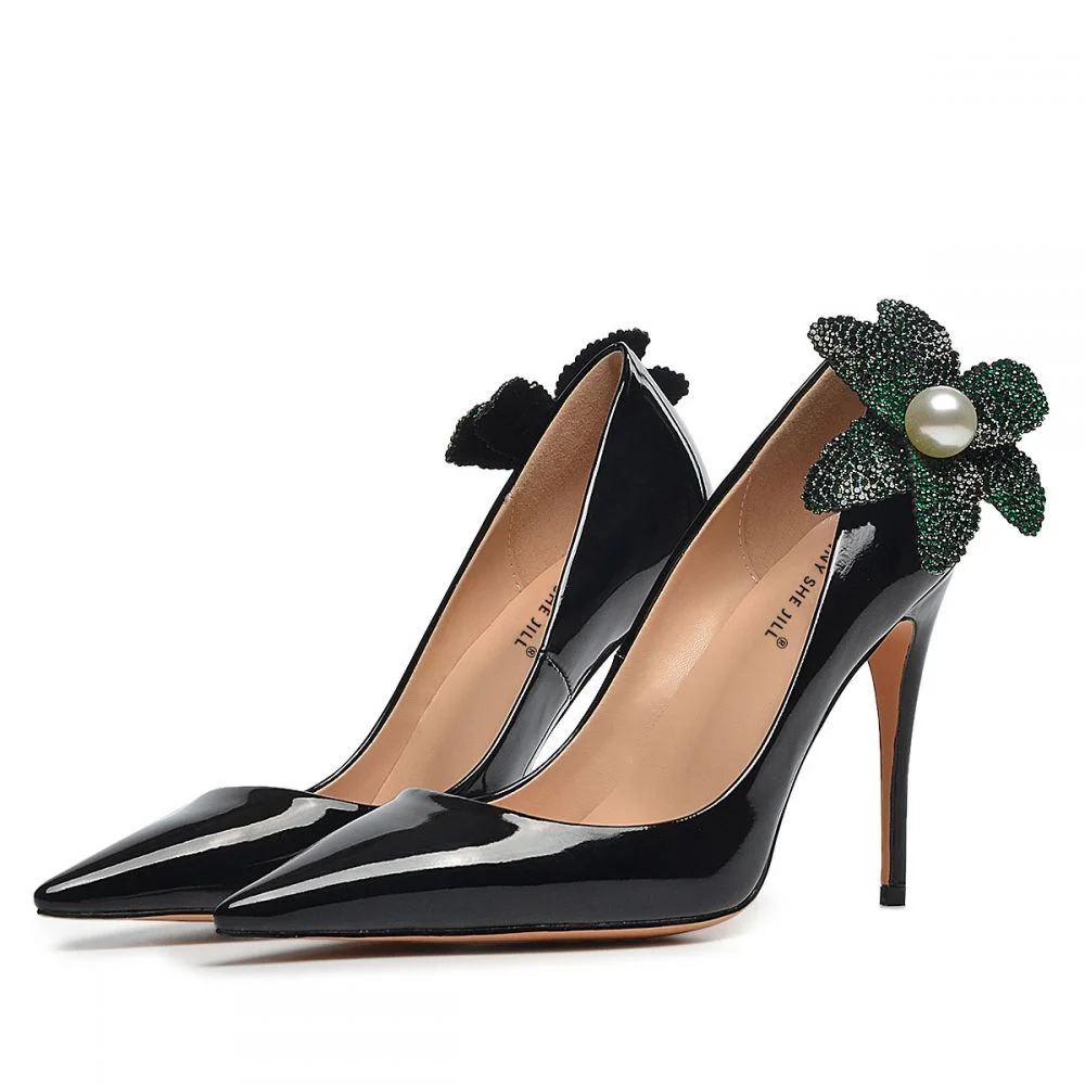Black Patent Leather Stilettos Classic Pumps Heels With Rhinestone Flower Nicepairs