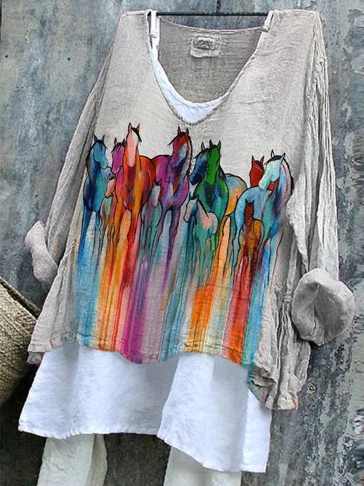 Comstylish Colorful Horse Print Cozy Cotton Linen Vintage Shirt
