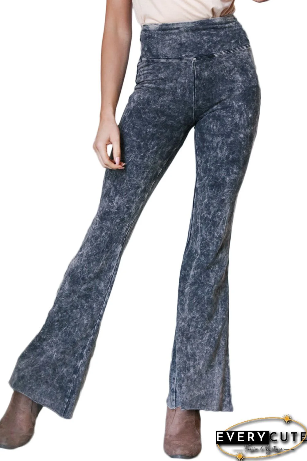 Gray Mineral Wash Retro High Waist Flare Pants