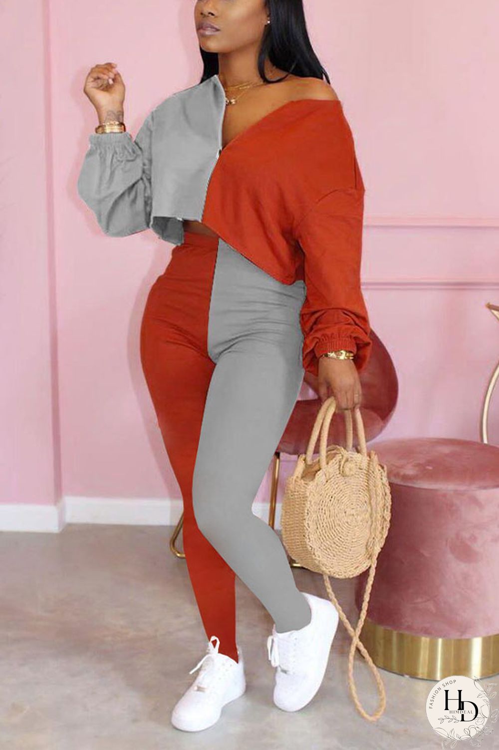 Pink Polyester Sexy Solid pencil Long Sleeve Two Pieces