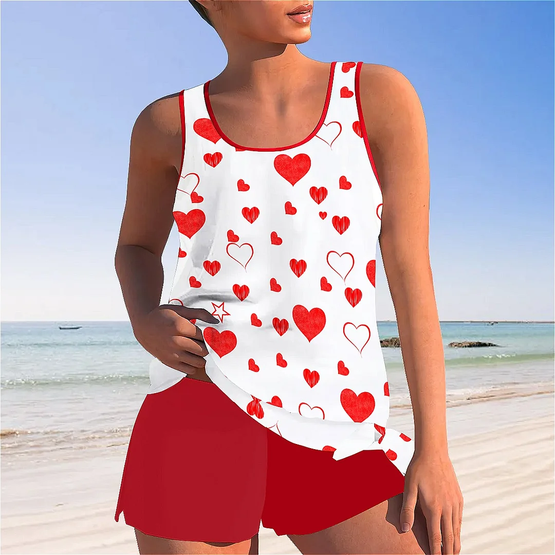 Bowknot Heart,Love,Valentine's Day Mid Waisted Tankini Set - Plus Size Available