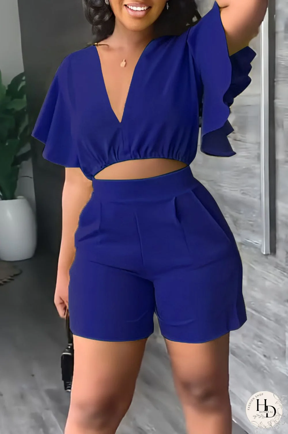 Deep Blue Casual Solid Patchwork Flounce V Neck Short Sleeve Two Pieces