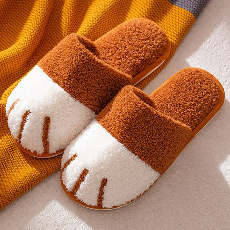 Winter House Cute Cat paw Slipper Women Fur Slippers Bedroom Floor Mute Lovers Plush Shoes Nonslip Indoor Women Fluffy Footwear