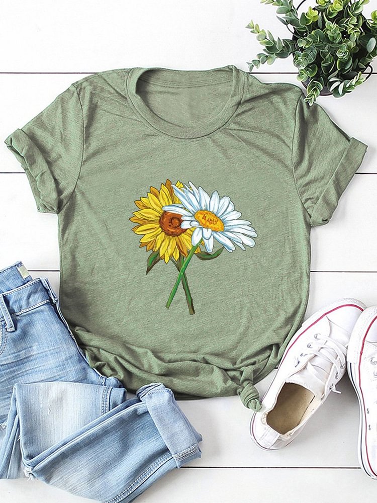 Bestdealfriday Sunflower Daisy Print Round Neck Cotton Casual T-Shirt 9789559